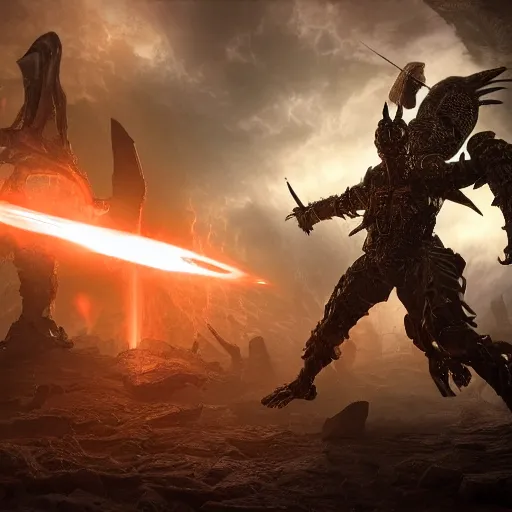 Prompt: futuristic warrior + ancient demon battle in the heavenly realm, battle, male, wide angle, mystical, magical, time traveler, angelic, demonic, sinister, hyperdetailed, photorealism, macabre, intricate details, super details, super - resolution, insanely detailed and intricate, cinematic, moody lighting, nebula light rays, 8 k, octane render