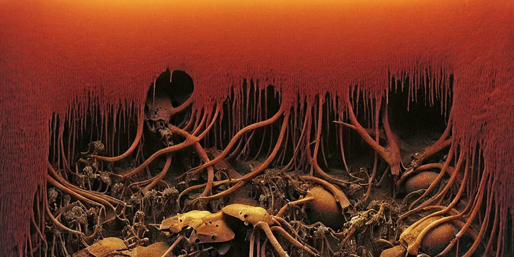 Image similar to tiny colony of red harvester ants crawling through the cavities of a large moose skull, moose graveyard, Zdzislaw Beksinski, Wayne Barlowe, gothic, cosmic horror, worm's-eye view, dystopian, biomorphic, lovecraftian, amazing details, warm hue's