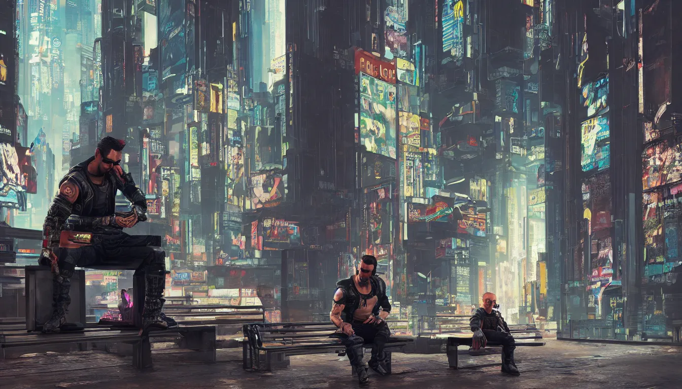 Prompt: Cyberpunk 2077 protagonist Johnny Silverhand sitting on a public bench with a sad face in new york city, 4k, concept art, by Lea Leonowicz