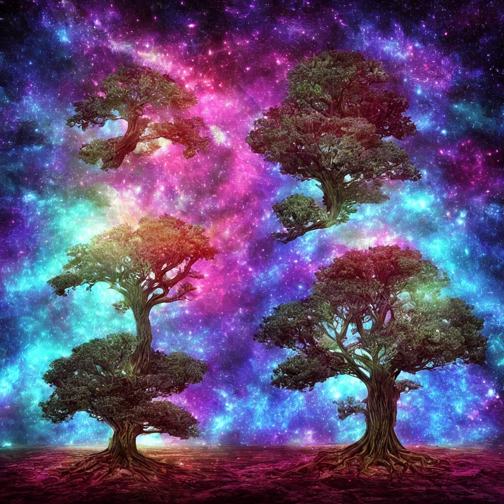 Image similar to tree of life, Cosmic tree of life, trees, Tree in a galaxy made of stars, space, nebulas stars Dmt Psychedelic cosmos, cosmic, Hallucination, night sky; 8k, artstation, unreal engine, octane render, hdr, surrealistic, hyperrealism, glow, photorealistic, volumetric lighting, Dreamy, dynamic, mystical