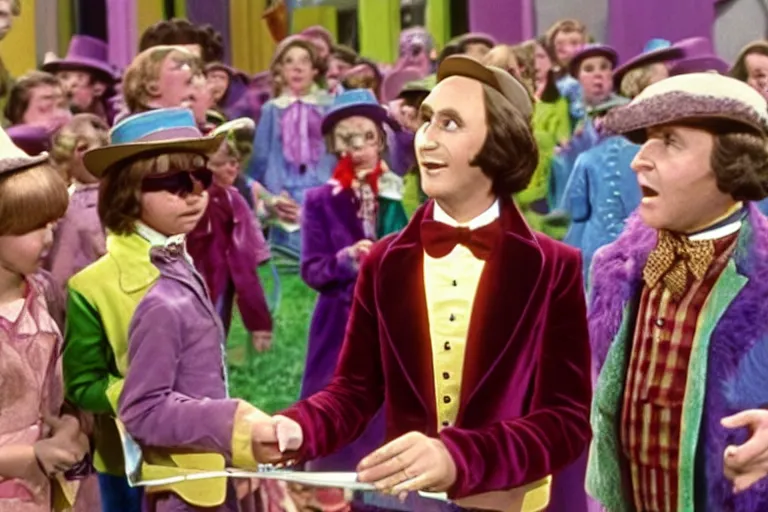 Prompt: Film still of Stephen Fly as Willy Wonka in Willy Wonka and the Chocolate Factory 1971