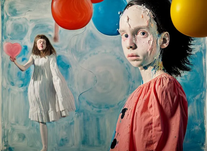 Prompt: portrait of a girl in a dress holding balloons, vincent lefevre and hernan bas and pat steir and hilma af klint, psychological, photorealistic, dripping paint, washy brush, rendered in octane, altermodern, masterpiece