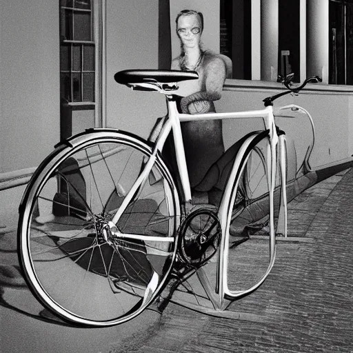 Image similar to hyperrealistic render, d'ara O'Brien, on a bicycle