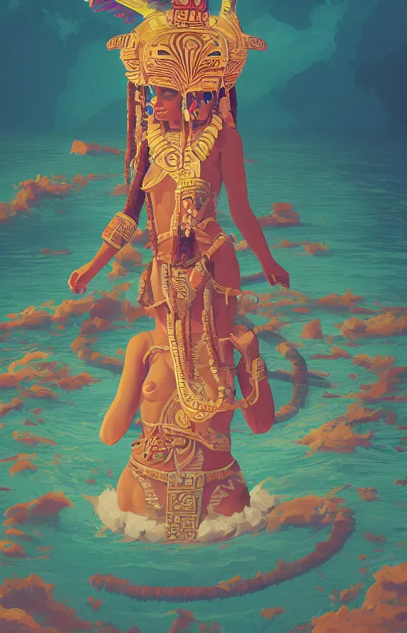 Prompt: mayan priestess floating over an ocean, sharp focus, james gilleard, moebius, print, cinematic, game art