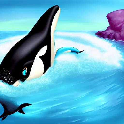 Image similar to a person transforming into an orca pooltoy, hd, digital art