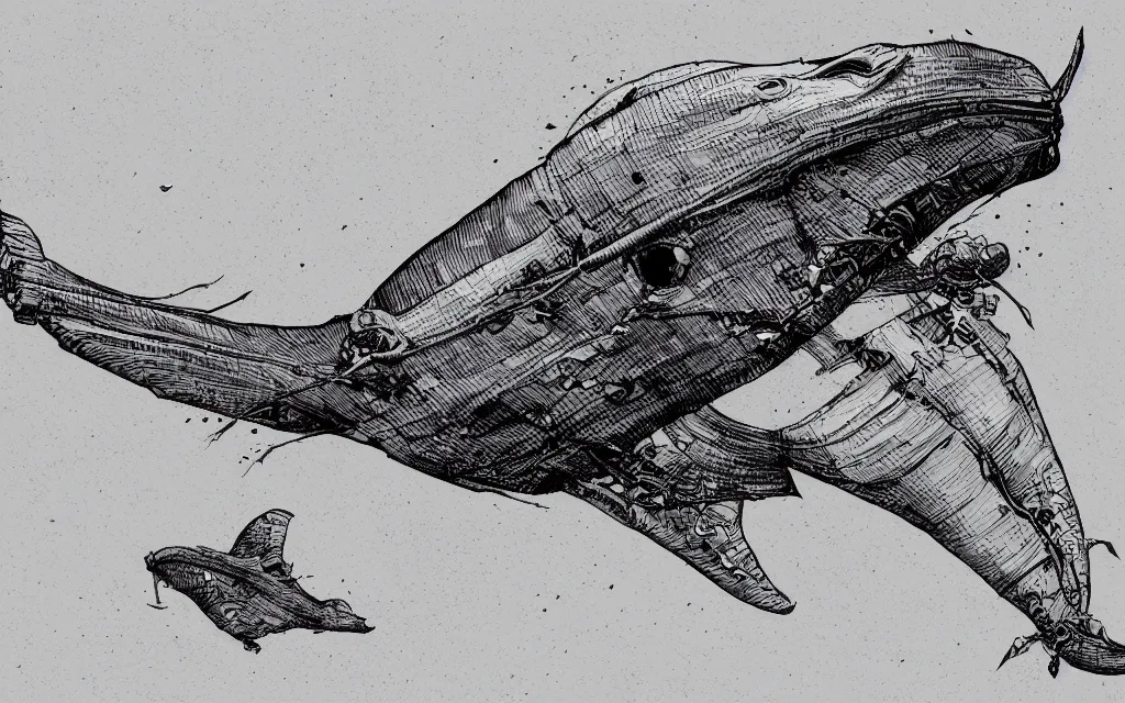 Image similar to biomechanical flying whale, in the style of james jean and laurie greasley, dynamic composition, dramatic lighting, hyper - realistic, ultra detailed