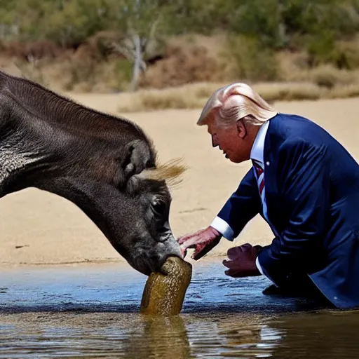 Image similar to national geographic professional photo of biden and trump drinking from a watering hole with animals, award winning