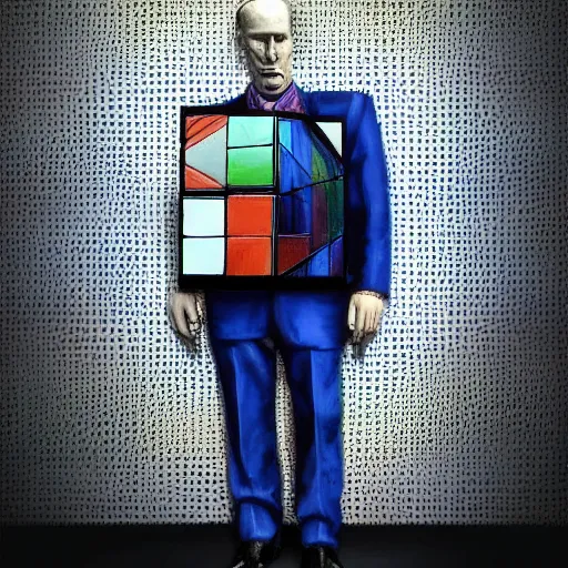 Prompt: hyper - realistic hyper - detailed fine painting of a man wearing a suit and with a rubik's cube head, ultra - realistic detailed surrealism, magical realism