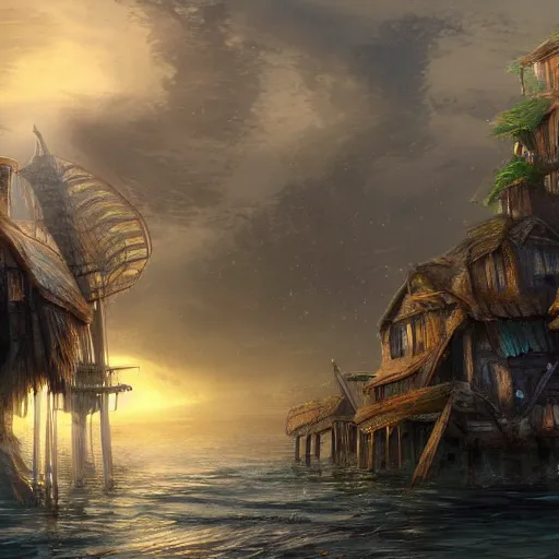 Prompt: a sea village, fantasy style, trending on artstation