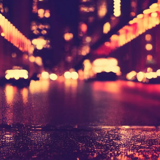 Prompt: a retro version of new york at night with rain, bokeh, depth of field, soft focus, photorealistic