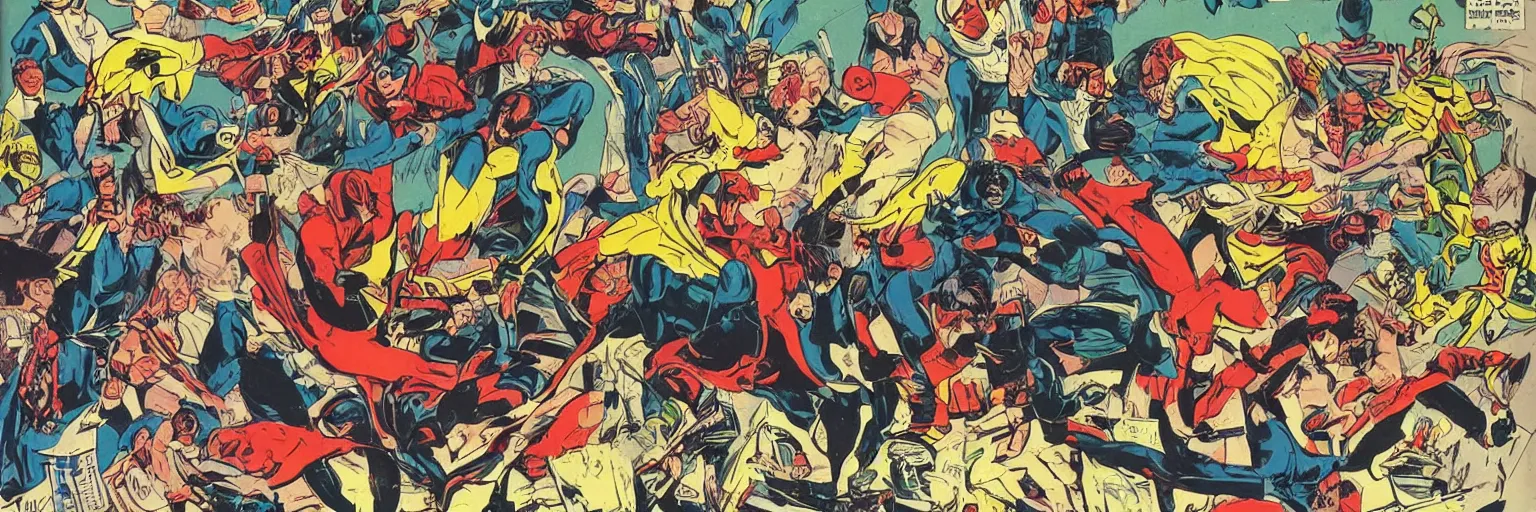 Prompt: vintage comic book art of diverse people, comics superhero, modern art,