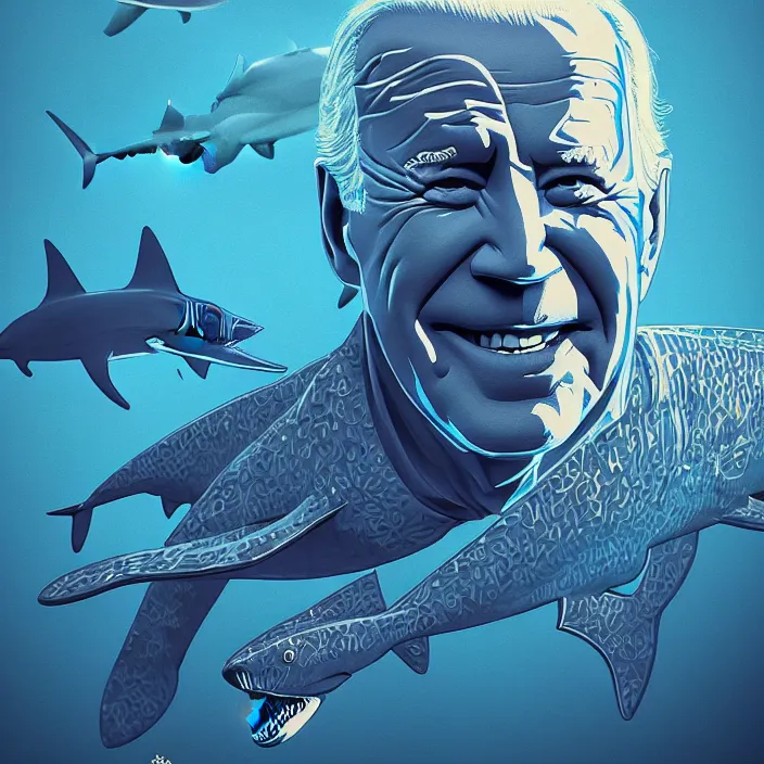 Image similar to portrait of joe biden as a shark. intricate abstract. intricate artwork. by tooth wu, wlop, beeple, dan mumford. octane render, trending on artstation, greg rutkowski very coherent symmetrical artwork. cinematic, hyper realism, high detail, octane render, 8 k, iridescent accents