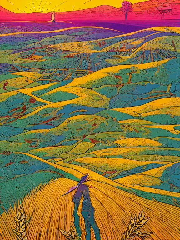 Prompt: a tarot card depicting a beautiful and quiet plain with fields of wheat, sunny and colorful, gentle breeze, by dan mumford and anton fadeev and jim fitzpatrick, intricate