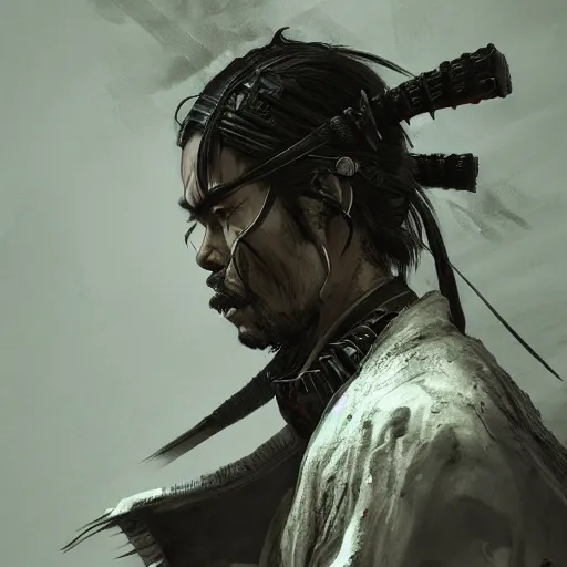 Image similar to Sickly diseased dying Samurai warrior, portrait by Cedric Peyravernay, highly detailed, excellent composition, cinematic concept art, dramatic lighting, trending on ArtStation