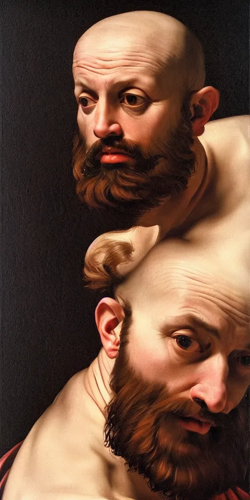 Image similar to middle-aged strong man with short light brown hair and short beard, very realistic, very detailed, 4k masterpiece, art by Caravaggio