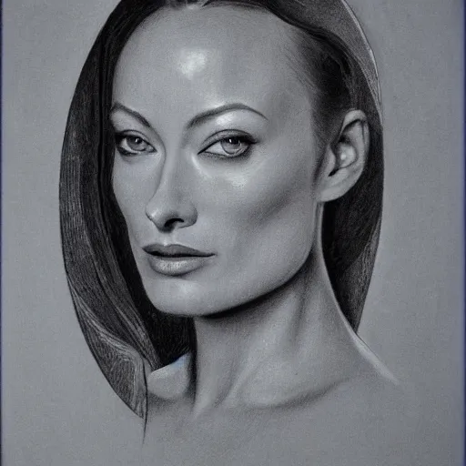 Prompt: Olivia Wilde, pencil drawing. El Greco, Remedios Varo, Salvador Dali, Carl Gustav Carus, John Atkinson Grimshaw. Blue tint. Symetrical, logo, geometric shapes.