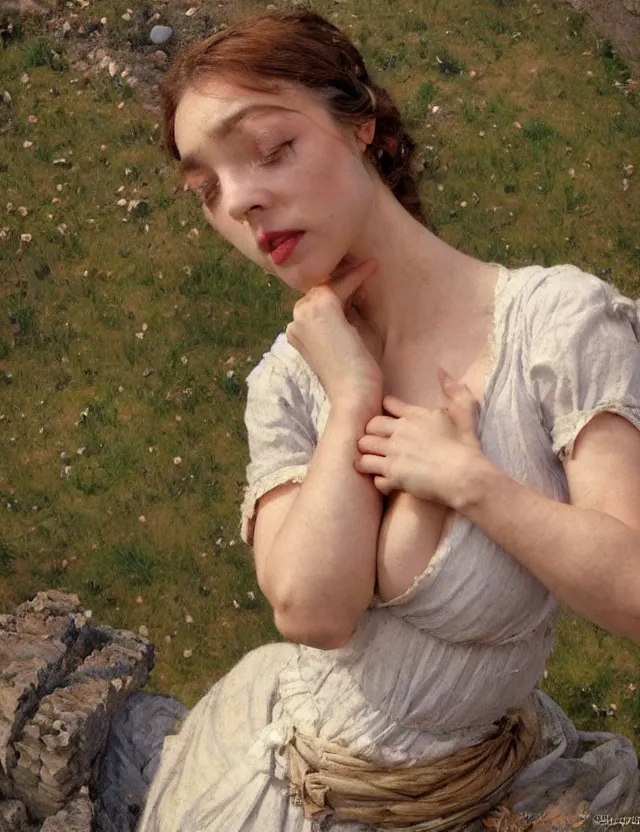 Prompt: tempting peasant girl with deep seductive décolleté looking in the camera, on a village, high angle view, portrait, Cinematic focus, Polaroid photo, vintage, neutral colors, soft light, foggy, by Steve Hanks, by Serov Valentin, by lisa yuskavage, by Andrei Tarkovsky 8k render, detailed, oil on canvas