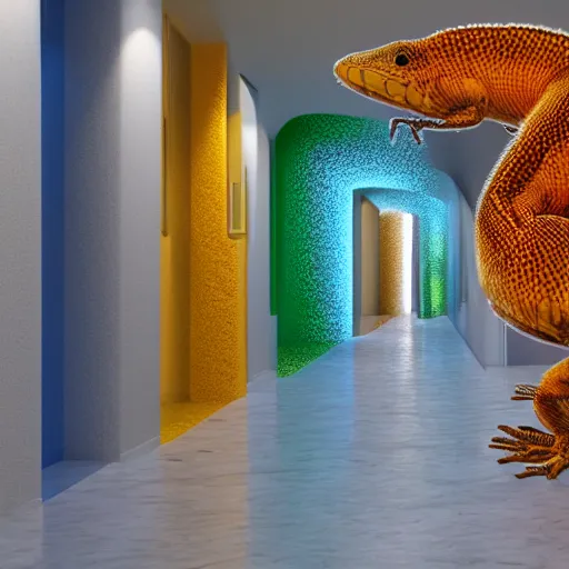 Prompt: infinite white metallic hallway with different colored lizards crawling on the walls, 4k realistic photo