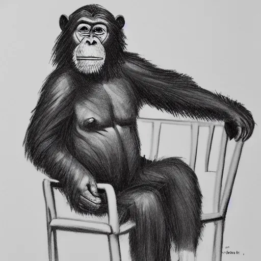 Image similar to pencil art, realistic self portrait, astronaut with a chimpanzee posing on a chair.