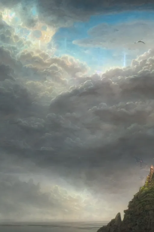 Prompt: a beautiful hyper realistic detailed matte painting of an island floating in the sky, flying castle citadel, vivid color hues, looks like creativity by john howe, greg rutkowski, gustave dore, ferdinand knab, lush sky above a desolate apocalyptic plain, barometric projection, rectilinear, octane render, ellen jewett, beautiful surreal palatial pulsar at dawn