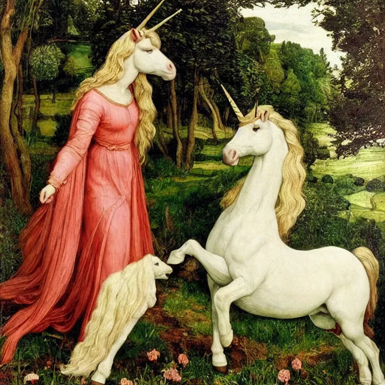 Prompt: A perfect unicorn, pre raphaelite painting