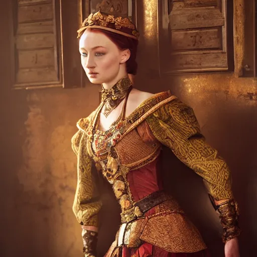 Image similar to sophie turner in javanese victorian clothing, hyper realistic, ambient lighting, concept art, intricate, hyper detailed, smooth, dynamic volumetric lighting, octane, raytrace, cinematic, high quality, high resolution, 4 k, cgsociety, rutkowski, gurney