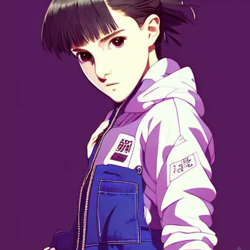 Image similar to a beautiful! boyish! natalie portman alluring gravure! model, wearing oversized mayan bomber jacket and leotard with overalls, bulky poofy bomber jacket with mayan patterns, gapmoe yandere grimdark, trending on pixiv fanbox, painted by greg rutkowski makoto shinkai takashi takeuchi studio ghibli, akihiko yoshida