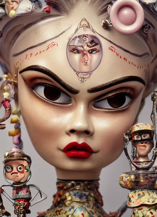 Image similar to closeup of a tin toy cara delevingne, depth of field, zeiss lens, detailed, symmetrical, centered, fashion photoshoot, by nicoletta ceccoli, mark ryden, lostfish, earl nore, hyung tae, frank frazetta, breathtaking, 8 k resolution, extremely detailed, beautiful, establishing shot, artistic, hyperrealistic, octane render