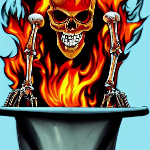 Image similar to super cool radical flaming skeleton sitting on a toilet mounted to a skateboard, hyper realistic, photograph.