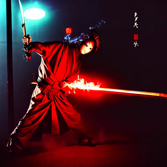 Image similar to cyber samurai fire dance slashing sword atomic, detailed bushido form smoke, fighting stance atomic energy, shibuya prefecture, cinematic neon uplighting, fog mist smoke, photorealistic, night photography by tomino - sama