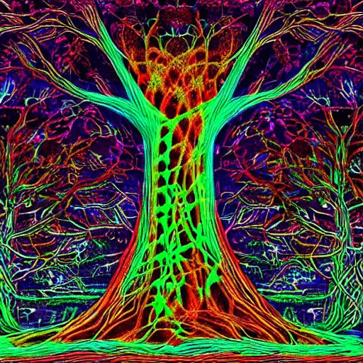 Image similar to microcosm, dreamlike, psilocybin, lysergic acid diethylamide, consciousness meets psilocybin and dances around the tree of life, lysergic acid diethylamide, introspective, life in the universe, biology, mythology, dreamlike, hyper real, intricately detailed, high fidelity render, high octane finish