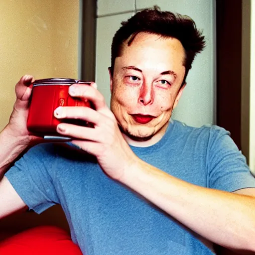 Prompt: elon musk sniffing fumes from a paint can, candid photo, college dorm room