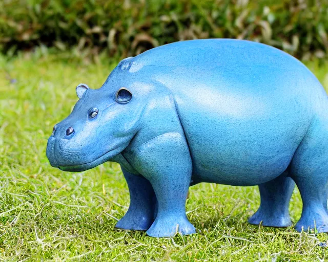 Image similar to small hippopotamus sculpture on a desk with bottom part and legs made out of wood and back and top part out of blue epoxy resin, side view centered