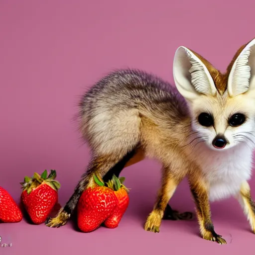 Prompt: baby fennec sneezing on a strawberry, studio photo, droplets, backlit ears