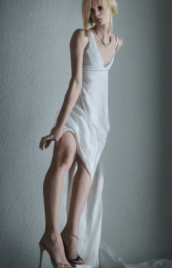 Image similar to photo of gorgeous seductive tall emily skinner cosplaying annie leonhart wearing elegant white dress, wearing open toe heels, in a white room, beautiful face, pale skin, rule of thirds, cinematic lighting, sharp focus, backlit, stunning, smooth, hard focus, full body shot, studio photo, shot on sony a 7 iii