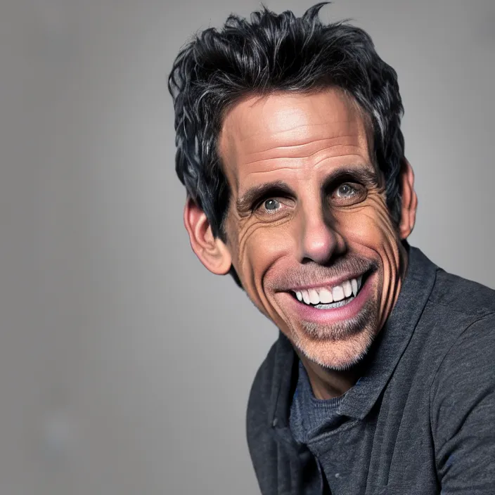 Prompt: portrait of ben stiller, smiling towards the camera. getting 5 years younger. detailed, 4 k, morning hour.