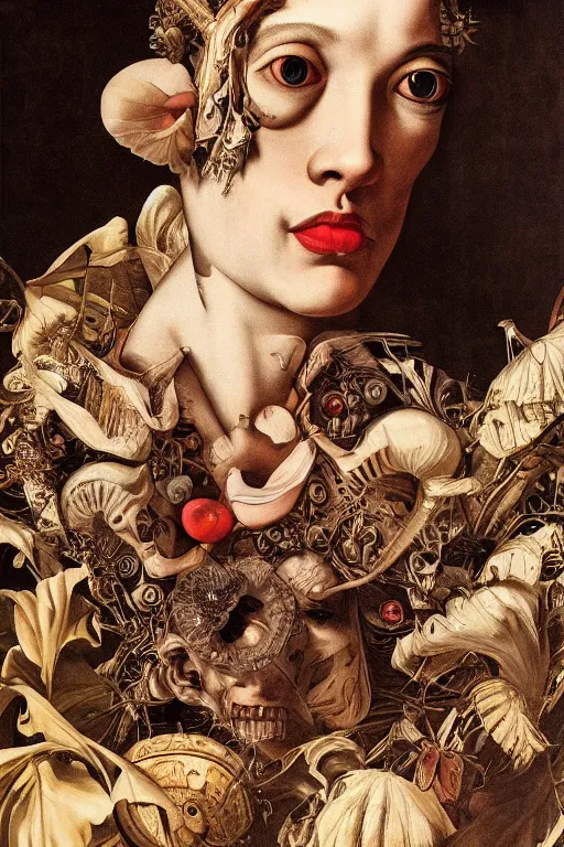 Prompt: Detailed maximalist portrait with large lips and with large eyes, sad expression, anatomical, HD mixed media, 3D collage, highly detailed and intricate illustration in the style of Caravaggio, dark art, baroque