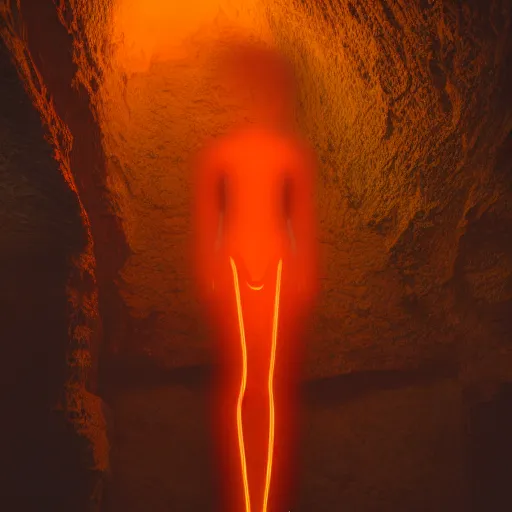 Image similar to photo of a giant orange colored glowing transparent humanoid of one thousand feet of height standing next to a building inside a cave