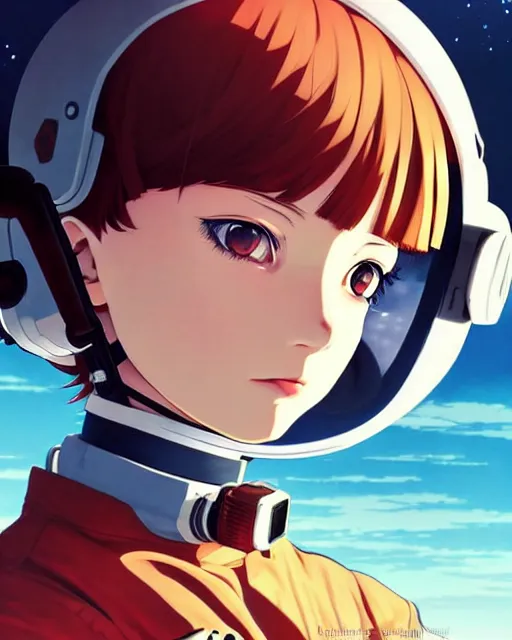 Image similar to ilya kuvshinov anime illustration of young astronaut girl, last exile, murata range, fine detail, perfect anime face, dramatic lighting, dynamic composition, art deco, cel shading, vivid, rich texture, yoshinari yoh, alphonse mucha, ( ( ( colorful ) ) )