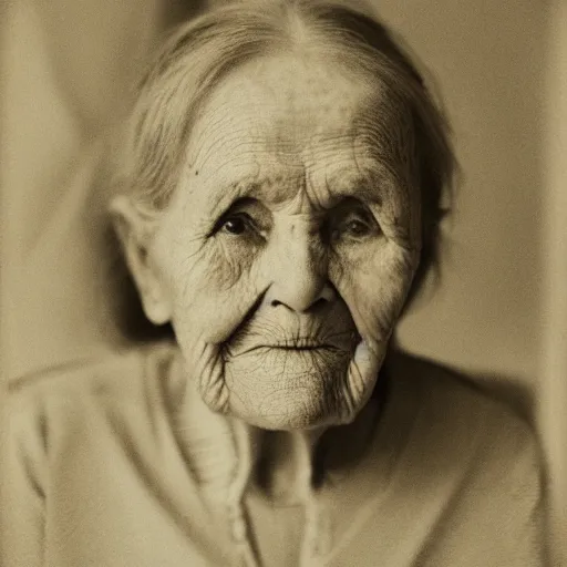 Image similar to a black and white grainy photograph in sepia tone of an old woman with a deeply lined face