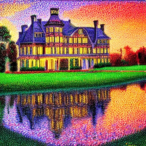 Prompt: Pointillism Painting of a Victorian manor at dusk soft glow HDR