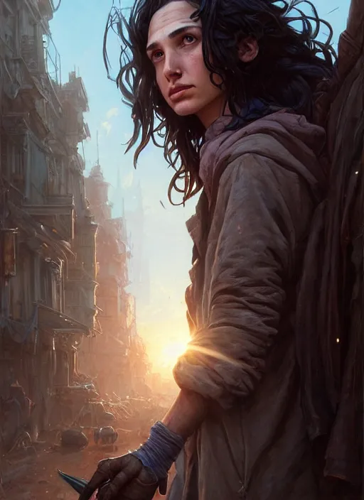 Image similar to Highly detailed portrait of homeless and beaten up Gal Gadot, Stephen Bliss, unreal engine, fantasy art by Greg Rutkowski, Loish, Rhads, ferdinand knab, Makoto Shinkai and Lois van baarle, ilya kuvshinov, rossdraws, Tom Bagshaw, alphonse mucha, global illumination, radiant light, detailed and intricate environment