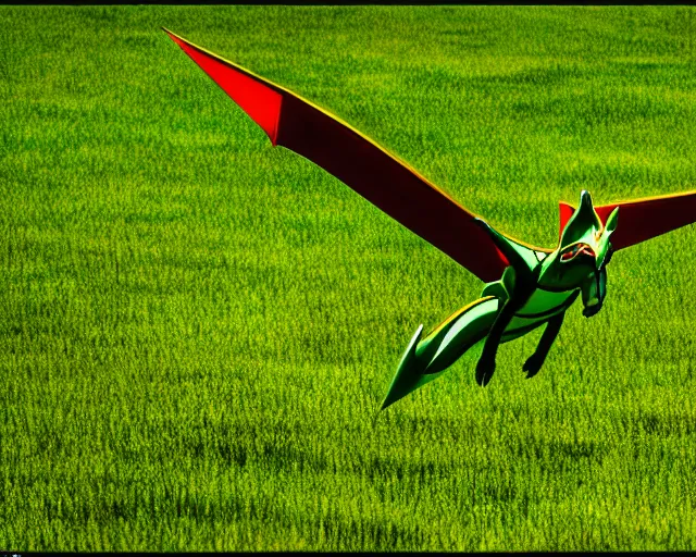 Image similar to rayquaza flying over a green meadow, wildlife photography, by frans lanting, telephoto, imax