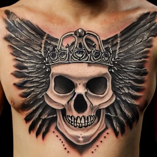 Prompt: an 8 k high definition realistic 3 5 mm scary photograph of a tattoo of an owl skeleton. the owl is sitting on a tree with no leaves. he is wearing a crown of skulls and richly embroidered black fur robes. a necklace of teeth. studio lighting