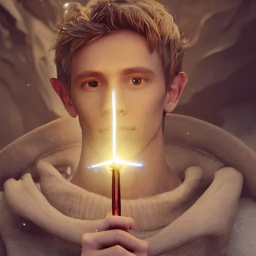 Prompt: Troye Sivan wearing a elven tunic, holding a small glowing red magical wand with electrical bolts emitting from it. In a cave made of ice. Trending on Artstation, octane render, ultra detailed, art by Ross tran