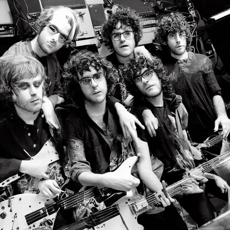 Prompt: MGMT playing and experimenting in a large great vibe pop rock studio with futuristic and retro synths jamming out making tunes and music. MGMT band behind the scenes photo.