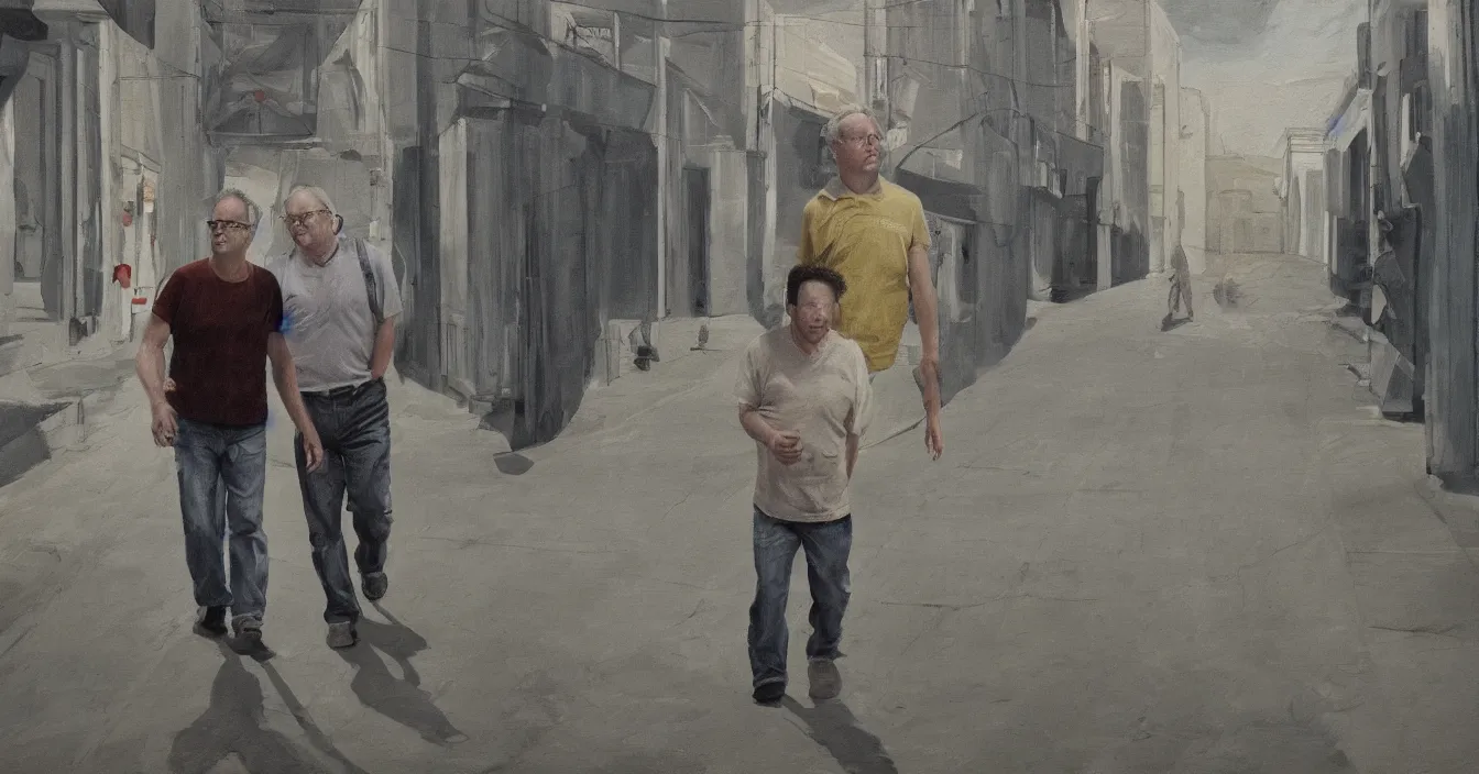 Image similar to todd solondz, high quality high detail painting of todd solondz walking with a friend in an empty tel aviv street, face of todd solondz, night, by lucian freud and gregory crewdson and francis bacon, hd, photorealistic lighting