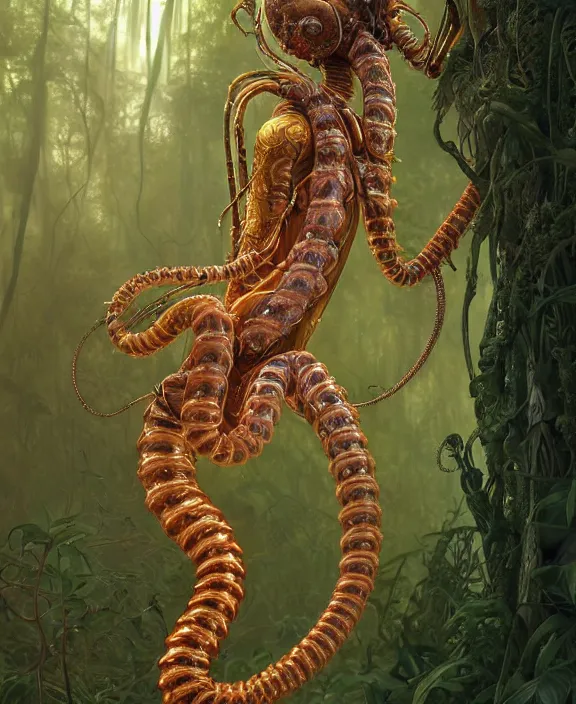 Image similar to intricate ornate opulent transparent clear see - through portrait of a terrifying beautiful skinny male alien centipede, mottled coloring, adorable, childlike, overgrown jungle environment, ultra realistic, concept art, art nouveau, photorealistic, octane render, 8 k, unreal engine. art by christopher marley and artgerm and greg rutkowski and alphonse mucha