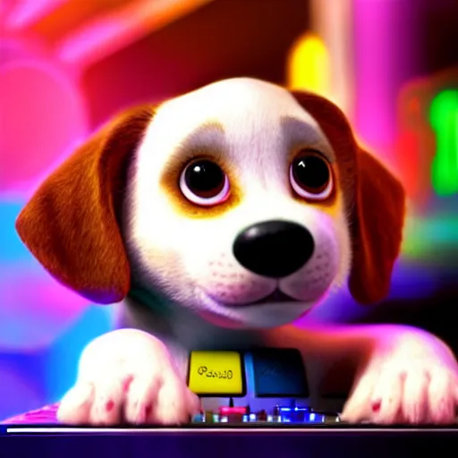 Image similar to puppy as a DJ, 8k, by Pixar