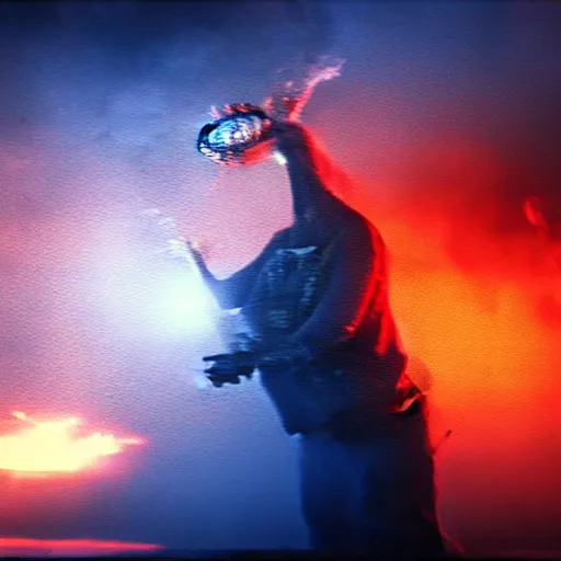 Prompt: low - resolution filmstill of a kaiju monster, fog, smoke, fire, red and blue hues, thriller, underdeveloped, flare, epic, dramatic